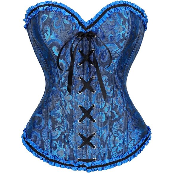 Women's Black/Blue Lace up Boned Bustier Floral Overbust Corset for Halloween - Picture 1 of 5